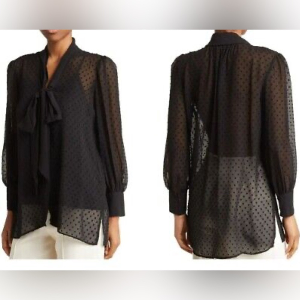 Adrianna Papell Black Swiss Dot Tie Neck Long Sleeve Sheer Tunic Top Black L